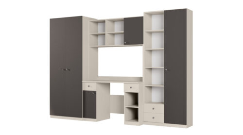 Jaunimo sieninė spintelė su stalu, lentynomis ir dviem spintomis 280 × 200 cm Kaszmirowy Beż / Szary Grafit  – BRAVO