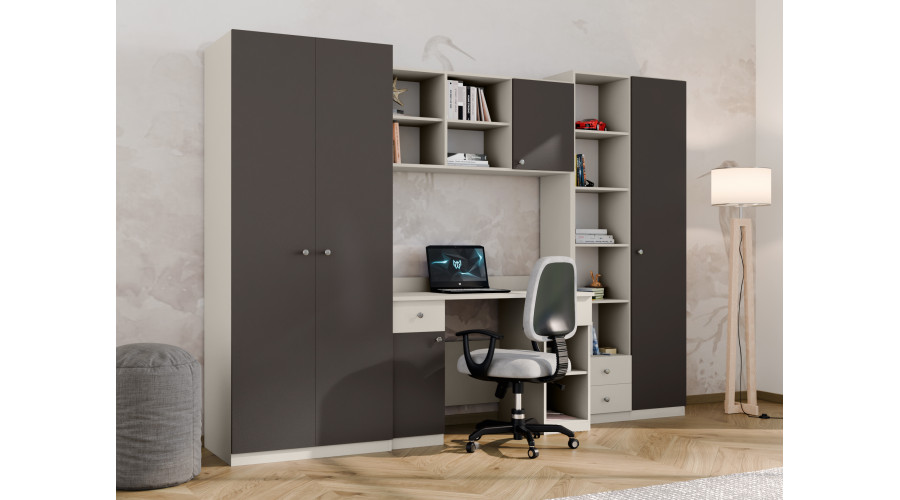 Jaunimo sieninė spintelė su stalu, lentynomis ir dviem spintomis 280 × 200 cm Kaszmirowy Beż / Szary Grafit – BRAVO — изображение 2