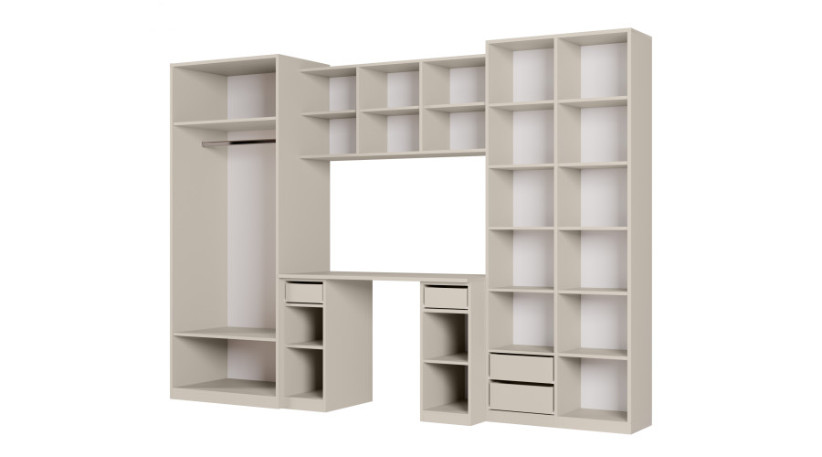 Jaunimo sieninė spintelė su stalu, lentynomis ir dviem spintomis 280 × 200 cm Kaszmirowy Beż / Szary Grafit – BRAVO — изображение 3