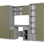 Vaikiška sieninė spintelė su stalu, lentynomis ir dviem spintomis 280 × 200 cm Szary Platynowy / Zielony Wojskowy – BRAVO