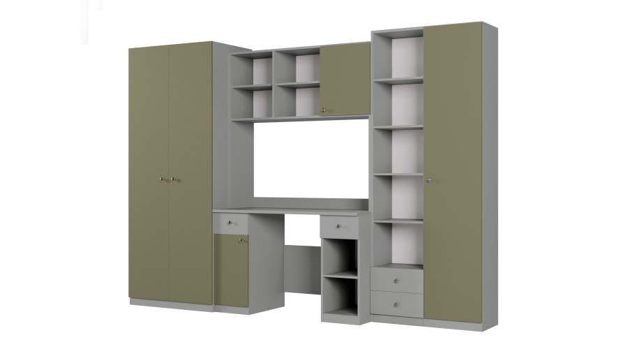 Vaikiška sieninė spintelė su stalu, lentynomis ir dviem spintomis 280 × 200 cm Szary Platynowy / Zielony Wojskowy – BRAVO