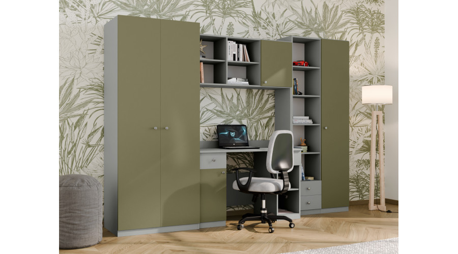 Vaikiška sieninė spintelė su stalu, lentynomis ir dviem spintomis 280 × 200 cm Szary Platynowy / Zielony Wojskowy – BRAVO - Paveikslėlis 2