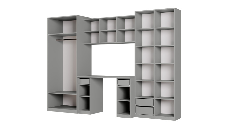 Vaikiška sieninė spintelė su stalu, lentynomis ir dviem spintomis 280 × 200 cm Szary Platynowy / Zielony Wojskowy – BRAVO - Paveikslėlis 3