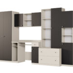 Jaunimo sieninė spintelė su spinta ir stalu, 320 × 200 cm, Kaszmirowy Beż / Czarny Onyx – NEL