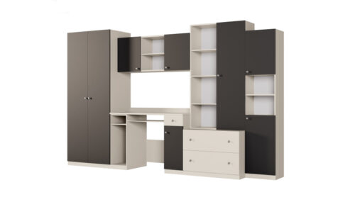 Jaunimo sieninė spintelė su spinta ir stalu, 320 × 200 cm, Kaszmirowy Beż / Czarny Onyx – NEL