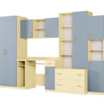 Vaikiška sieninė spintelė su spinta ir stalu 320 × 200 cm Wanilia / Niebieski Kredowy – NEL