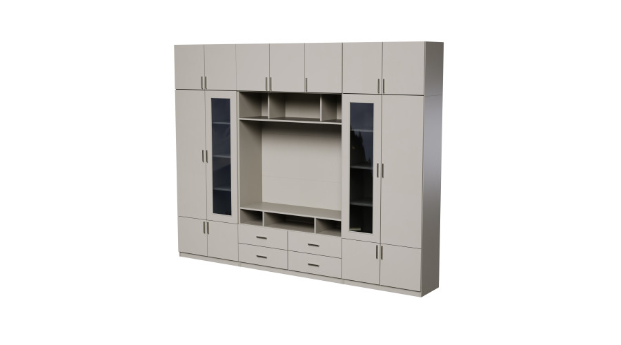 TV spintelė su stiklinėmis vitrinomis, 303 × 240 cm, Kaszmirowy Beż – VERO