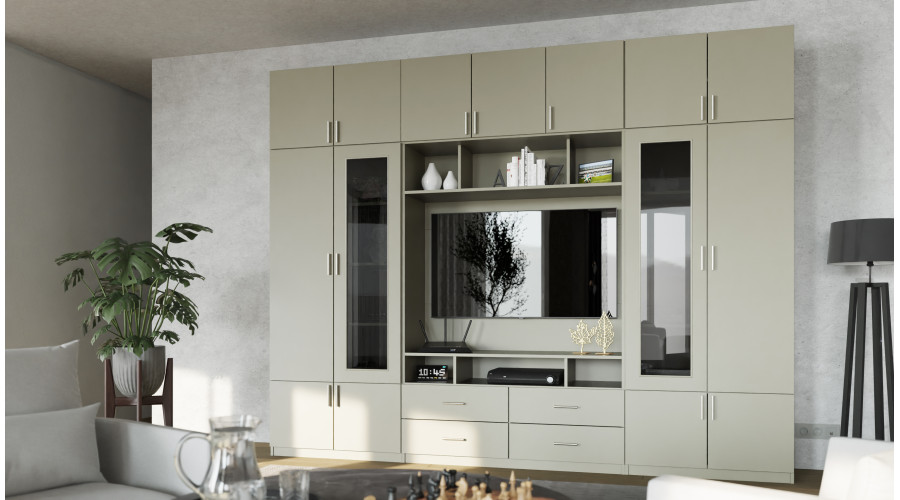 TV spintelė su stiklinėmis vitrinomis, 303 × 240 cm, Kaszmirowy Beż – VERO — изображение 2