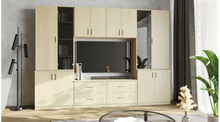 Svetainės spintelė su televizoriaus lentyna, spintelėmis ir stalčiais, 300 × 220 cm, elegantiškas ąžuolas – STILO - Paveikslėlis 2