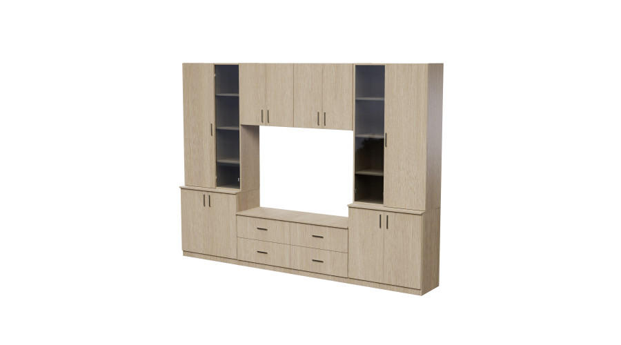 Svetainės spintelė su televizoriaus lentyna, spintelėmis ir stalčiais, 300 × 220 cm, elegantiškas ąžuolas – STILO