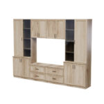 Sieninė spintelė su TV lentyna, spintelėmis ir stalčiais 300 × 220 cm, natūralus ąžuolas – STILO