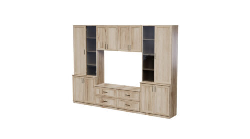 Sieninė spintelė su TV lentyna, spintelėmis ir stalčiais 300 × 220 cm, natūralus ąžuolas – STILO