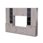 Svetainės spintelė su TV lentyna, spintelėmis ir stalčiais, 300 × 220 cm, „Lumberjack Frost Oak“ – STILO