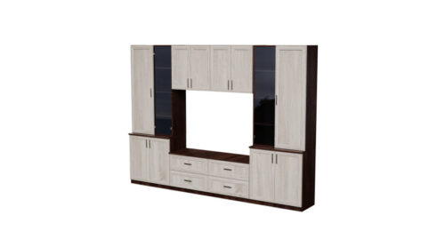 Sieninė spintelė su TV lentyna, spintelėmis ir stalčiais 300 × 220 cm Sonoma Dark / Sonoma Light – STILO