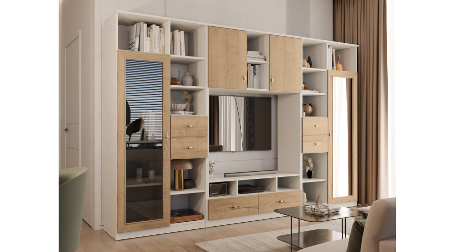 AGATA TV sieninė spintelė su knygų lentyna ir stikline vitrina, 300 × 200 cm, Biel / Dąb Halifax Naturalny - Paveikslėlis 2