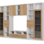 AGATA TV sieninė spintelė su knygų lentyna ir stikline vitrina, 300 × 200 cm, Biel / Dąb Halifax Naturalny