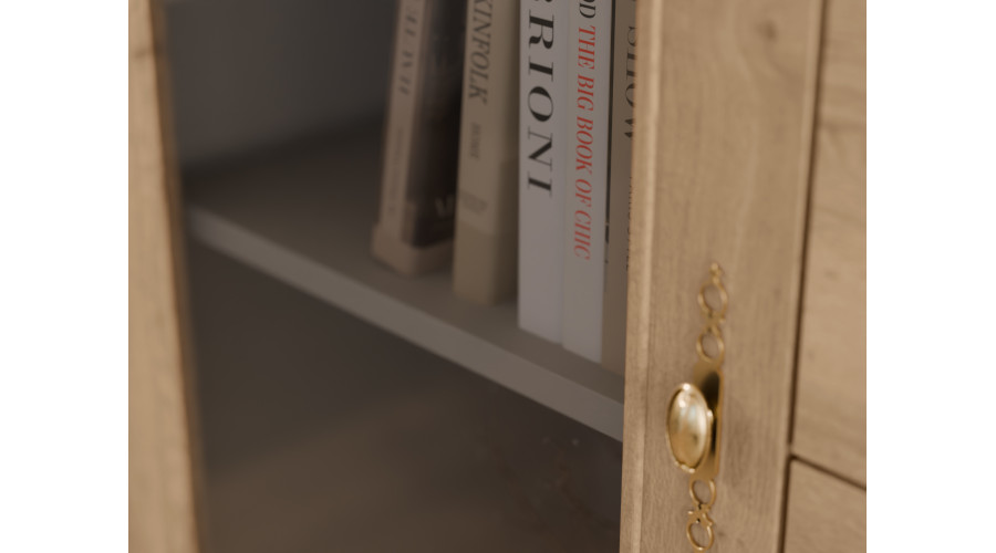 AGATA TV sieninė spintelė su knygų lentyna ir stikline vitrina, 300 × 200 cm, Biel / Dąb Halifax Naturalny - Paveikslėlis 5