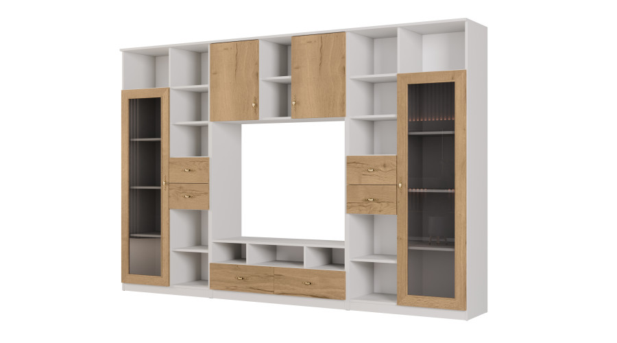 AGATA TV sieninė spintelė su knygų lentyna ir stikline vitrina, 300 × 200 cm, Biel / Dąb Halifax Naturalny