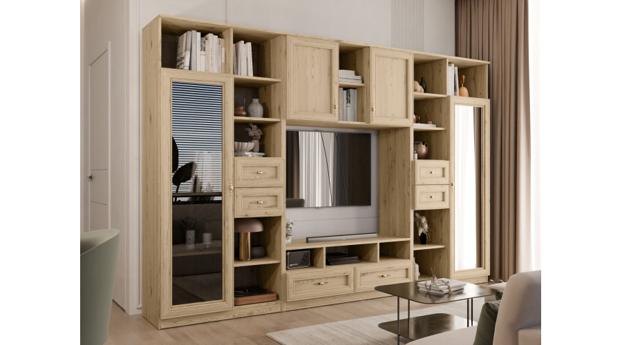 AGATA TV sieninė spintelė su knygų lentyna ir stikline vitrina, 300 × 200 cm, natūralus ąžuolas, Dąb Grand Naturalny - Paveikslėlis 2