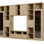 AGATA TV sieninė spintelė su knygų lentyna ir stikline vitrina, 300 × 200 cm, natūralus ąžuolas, Dąb Grand Naturalny