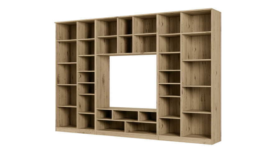 AGATA TV sieninė spintelė su knygų lentyna ir stikline vitrina, 300 × 200 cm, natūralus ąžuolas, Dąb Grand Naturalny - Paveikslėlis 3