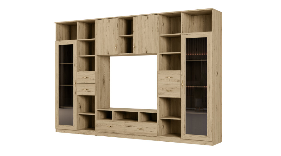 AGATA TV sieninė spintelė su knygų lentyna ir stikline vitrina, 300 × 200 cm, natūralus ąžuolas, Dąb Grand Naturalny