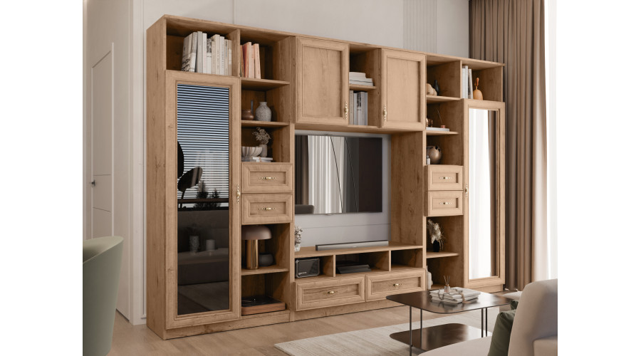 AGATA TV sieninė spintelė su knygų lentyna ir stikline vitrina, 300 × 200 cm, Dąb Lefkas - Paveikslėlis 2