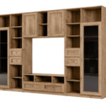 AGATA TV sieninė spintelė su knygų lentyna ir stikline vitrina, 300 × 200 cm, Dąb Lefkas