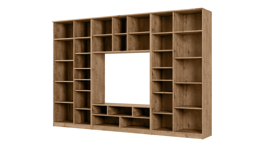 AGATA TV sieninė spintelė su knygų lentyna ir stikline vitrina, 300 × 200 cm, Dąb Lefkas - Paveikslėlis 3