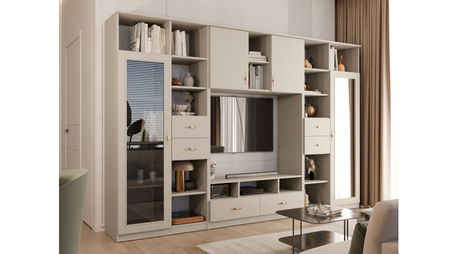 AGATA TV sieninė spintelė su knygų lentyna ir stikline vitrina, 300 × 200 cm, Kaszmirowy Beż - Paveikslėlis 2