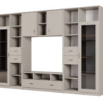 AGATA TV sieninė spintelė su knygų lentyna ir stikline vitrina, 300 × 200 cm, Kaszmirowy Beż