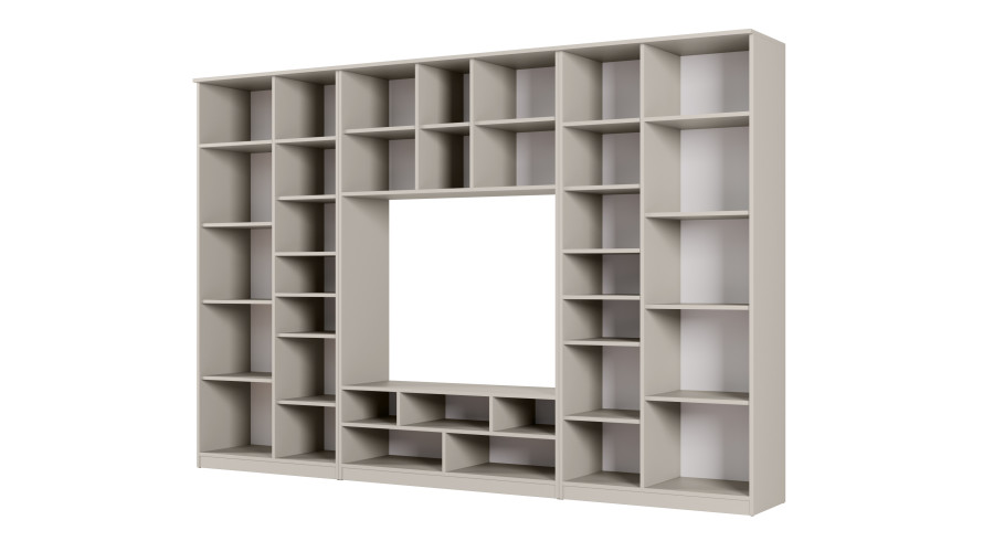 AGATA TV sieninė spintelė su knygų lentyna ir stikline vitrina, 300 × 200 cm, Kaszmirowy Beż - Paveikslėlis 3