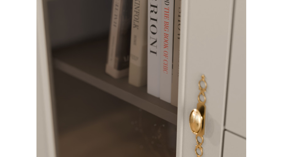 AGATA TV sieninė spintelė su knygų lentyna ir stikline vitrina, 300 × 200 cm, Kaszmirowy Beż - Paveikslėlis 5