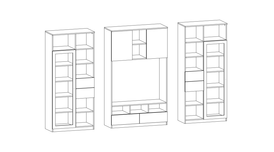 AGATA TV sieninė spintelė su knygų lentyna ir stikline vitrina, 300 × 200 cm, Kaszmirowy Beż - Paveikslėlis 7