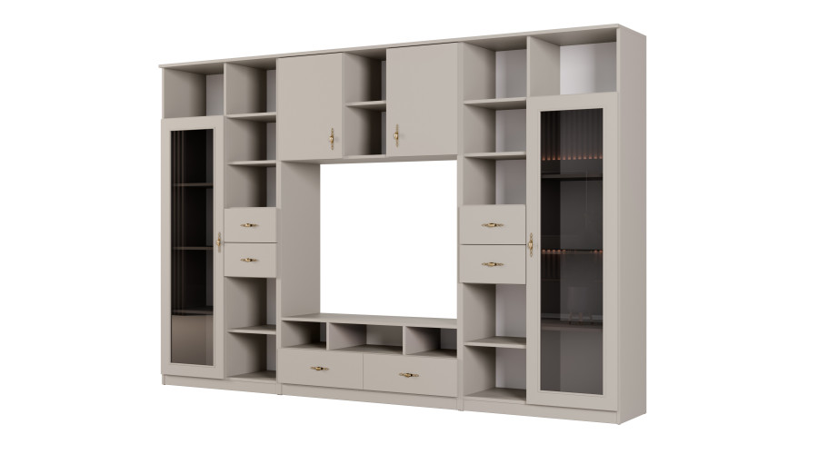 AGATA TV sieninė spintelė su knygų lentyna ir stikline vitrina, 300 × 200 cm, Kaszmirowy Beż