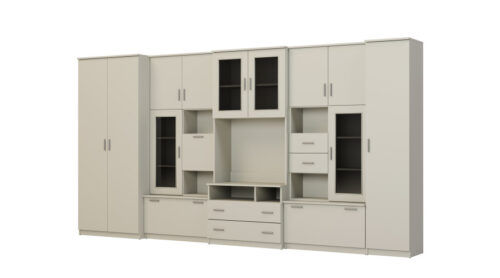 Labai erdvi televizoriaus sieninė spintelė su spinta 405 × 210 cm, Kaszmirowy Beż – LENA