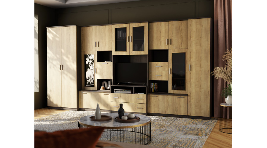 Labai erdvi televizoriaus sieninė spintelė su spinta 405 × 210 cm, Sonoma Ciemna / Dąb Halifax – LENA - Paveikslėlis 2