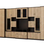 Labai erdvi televizoriaus sieninė spintelė su spinta 405 × 210 cm, Sonoma Ciemna / Dąb Halifax – LENA