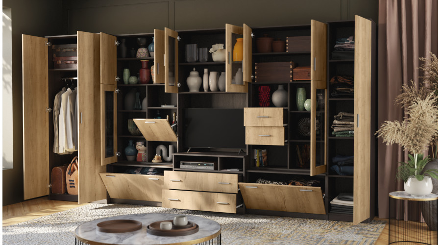 Labai erdvi televizoriaus sieninė spintelė su spinta 405 × 210 cm, Sonoma Ciemna / Dąb Halifax – LENA - Paveikslėlis 5