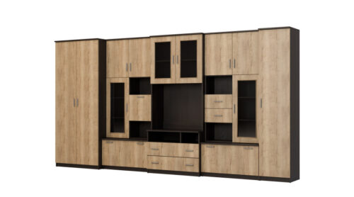 Labai erdvi televizoriaus sieninė spintelė su spinta 405 × 210 cm, Sonoma Ciemna / Dąb Halifax – LENA