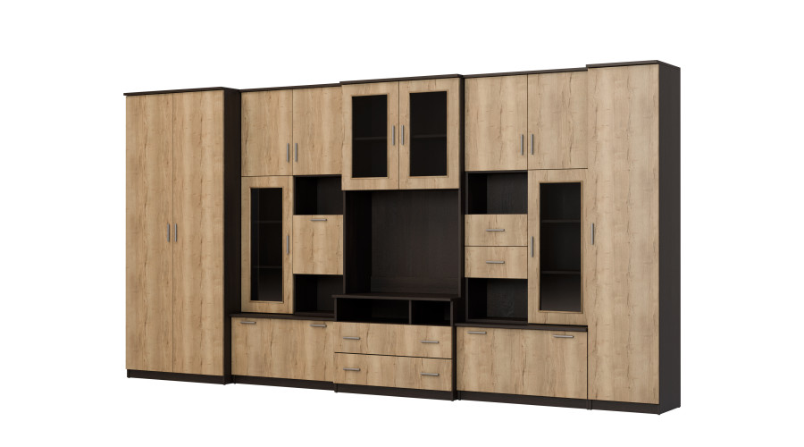 Labai erdvi televizoriaus sieninė spintelė su spinta 405 × 210 cm, Sonoma Ciemna / Dąb Halifax – LENA