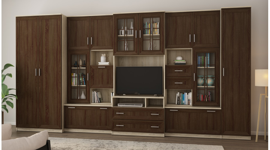 Labai erdvi televizoriaus sieninė spintelė su spinta 405 × 210 cm, Sonoma Jasna / Sonoma Ciemna – LENA - Paveikslėlis 2