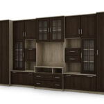 Labai erdvi televizoriaus sieninė spintelė su spinta 405 × 210 cm, Sonoma Jasna / Sonoma Ciemna – LENA