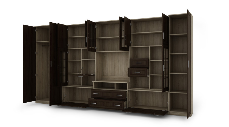 Labai erdvi televizoriaus sieninė spintelė su spinta 405 × 210 cm, Sonoma Jasna / Sonoma Ciemna – LENA - Paveikslėlis 3