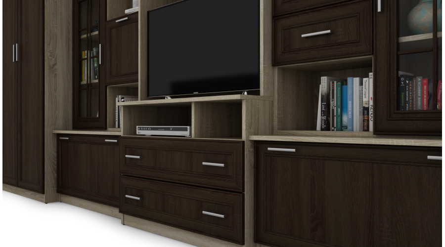 Labai erdvi televizoriaus sieninė spintelė su spinta 405 × 210 cm, Sonoma Jasna / Sonoma Ciemna – LENA - Paveikslėlis 5