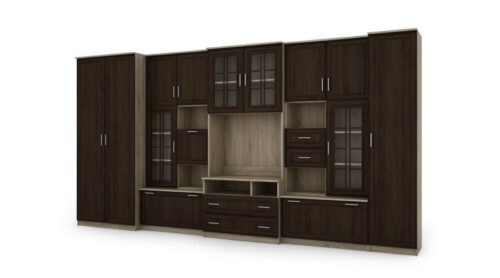 Labai erdvi televizoriaus sieninė spintelė su spinta 405 × 210 cm, Sonoma Jasna / Sonoma Ciemna – LENA