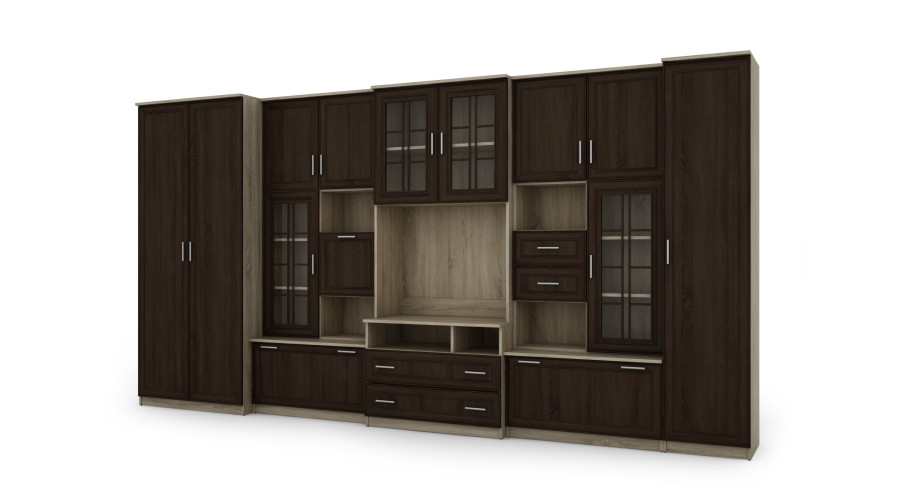 Labai erdvi televizoriaus sieninė spintelė su spinta 405 × 210 cm, Sonoma Jasna / Sonoma Ciemna – LENA