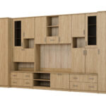 Sieninė spintelė su baru ir spinta, televizorius 400 × 210 cm, Dąb Olejowany – CYKLON