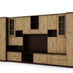 Sieninė spintelė su baru ir spinta, televizorius 400 × 210 cm, Sonoma Ciemna / Dąb Artisan – CYKLON