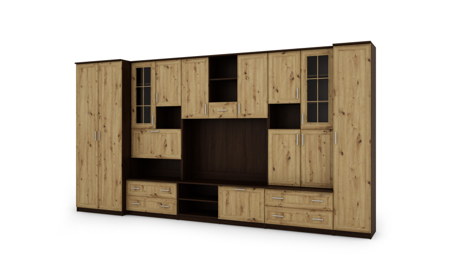 Sieninė spintelė su baru ir spinta, televizorius 400 × 210 cm, Sonoma Ciemna / Dąb Artisan – CYKLON